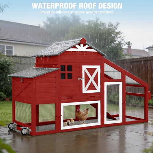 Large Chicken Coop with Run and Wheels, Wooden Hen House with Nesting Box and Waterproof Roof, Poultry Cage with Leakproof Tray, Rabbit Hutch, Bunny Cage Outdoor, Chicken Tractor for 4 Chickens (Red) - color: Red, size: 73.4"L x 27.9"W x 43.2"H