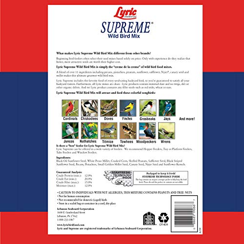 Lyric Supreme Wild Bird Seed - Wild Bird Food Mix with Nuts & Sunflower Seeds for Outside Feeders - Attracts Many Beautiful Songbirds - 4.5 lb bag | Wild Bird Food Mix with nuts and sunflower seeds for outside feeders - Attracts many beautiful songbirds