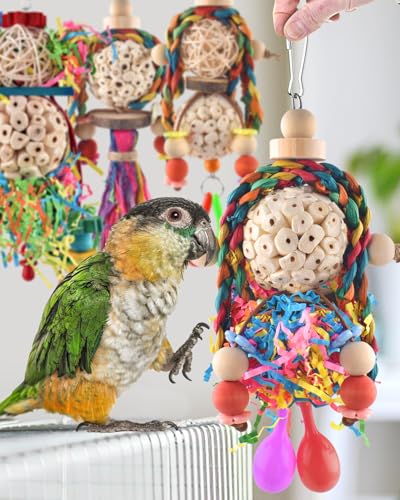 Bissap Conure Toys, 4 PCS Bird Parrot Foraging Shredder Hanging Toys Sola Balls with Sand Hammer for Small Parrots Parakeets Conures Cockatiels Love Birds Cage Toy - size: 4 PCS