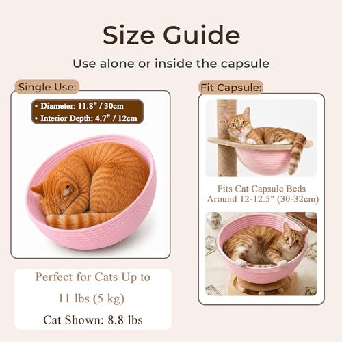 Cotton Rope Cat Bed Mat for Space Capsule, 11.8" Breathable Round Nest Liner, All-Season Warm & Cooling Pet Pad, Washable Scratch-Resistant Bedding for Cat Tree & Clear Bowl (Pink) - color: Pink, size: Small