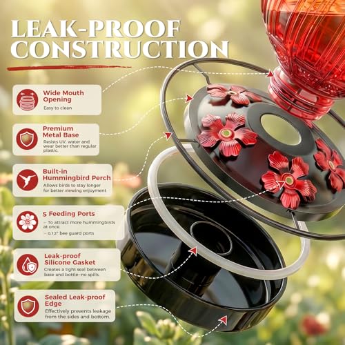 Glass Hummingbird Feeder for Outdoors Hanging, 26 fl oz Bird Nectar Feeder | 5 Metal Flower Feeding Ports, 360° Perch Ring, Easy Refill Clean, Leakproof, Ideal for Backyard Garden Decor, Orange & Red - color: Orange-Red Gradient