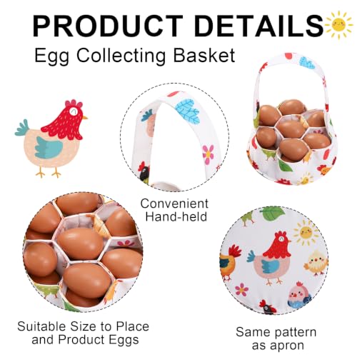 Egg Collecting Apron and Basket, 8 Pouches Chicken Egg Apron for Kids, 7 Pouches Egg Basket for Gathering Fresh Eggs - color: White