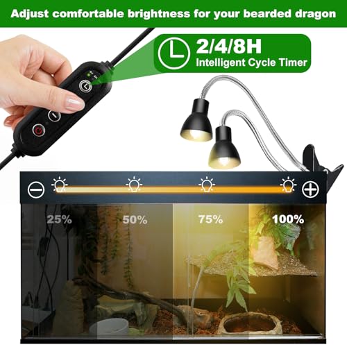 Heat Lamp for Reptile,UVA UVB Light for Turtle,Bearded Dragon Basking Light Bulbs,Dimmable 360°Gooseneck UV Heating Lamp W/ G9 Mini Halogen Bulbs 60W (White*2，Red*2) for Tortoise/Snake/Lizard