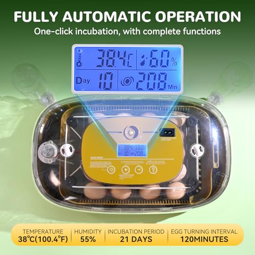 24 Egg Incubator with Automatic Turner, Thermometer seat and Humidity Control - Perfect for Hatching Chicken, Includes Egg Candler and Nesting Pads for Chicken coop