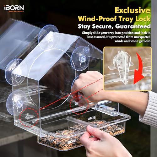 Window Bird Feeder, Wind-Proof Tray Lock, Chew-Resistant PC, Clear 1 PK | 5 Suction Cups, Sliding Tray, Extra Perch Ring, Weather-Resistant, Easy to clean, Durable for Outdoor