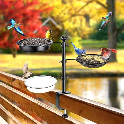 Balcony Bird Feeders for Outdoors and Deck Railing, 3-Trays, Black | Heavy Duty Metal, Durable & Sturdy, Decoration for Outdoors & Garden, Enhanced Version, Birthday Gifts for Women Men Mom Dad - style: 3 Trays