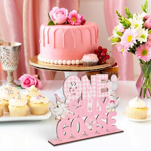 One Silly Goose Birthday Decor Girl Wooden Goose Table Decor Pink One Silly Geese Birthday Centerpiece for Table Funny Geese Desk Sign Supplies for Farm Animal First Celebration