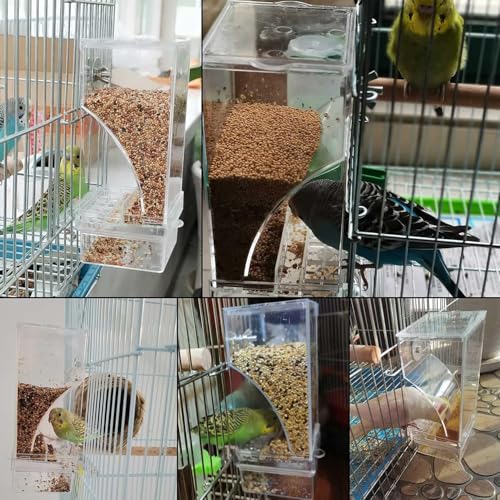 kathson No-Mess Bird Cage Feeder Automatic Parrot Feeders Seeds Container Acrylic Finch Foraging Feeders Parakeet Food Dispenser Cage Accessories for Small Birds Canary Budgie Lovebirds - color: Blue+Clear