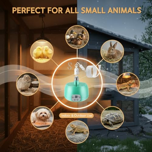 Enhon 2 Sets Chicken Coop Heater, Timing Heat Lamp for Chickens, Smart Temperature Control Chicken Brooder Heater Greenhouse Warmer, 5 Ft Ultra Long Cable Reptile Heating Lamp for Chicks Duck Dog Cat