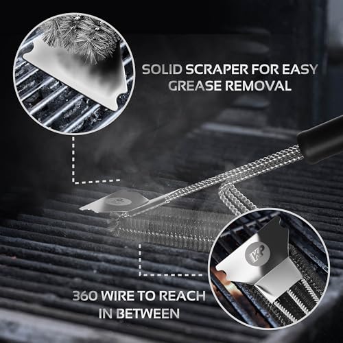 Safe Wire Grill Brush for Outdoor Grill w/Grill Scraper & Grill Mat Grill Cleaning Kit -Extended Handle BBQ Brush for Effortless Grill Cleaning Grill Cleaner Brush Barbecue Tools