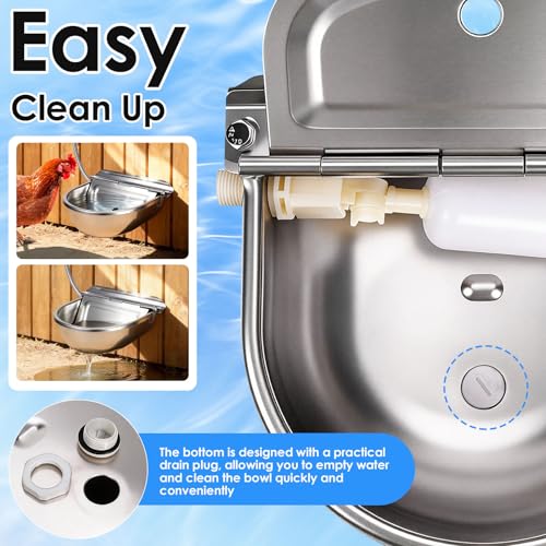 Metal Automatic Chicken Waterer, Duck Waterer No Mess | Stainless Steel Outdoor Wall Mounted Chicken Water Dispenser with Float Valve, Hose and Drain Plug for Chicken Coop