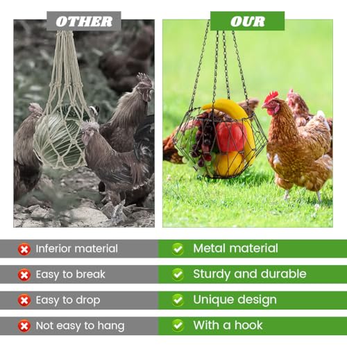 Hanging Chicken Feeder, 9.2 inches Large Poultry Vegetable Fruits Feeder Basket with 4Pcs Hanging Stainless Chain, Veggie Treat Ball for Chicken,Hens,Duck,Rabbit Coop(Size:1pc) - size: 1pc