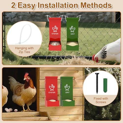 2 Pack Chicken Oyster Shell Feeder and Grit Feeder, Heavy Duty Metal Automatic Chicken Feeders with Lid, Gravity-Fed Chicks Food Dispenser Hanging Poultry Feeders for Coop Ducks Pigeons - color: Red + Green