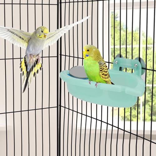 Wontee Bird Bath with Mirror for Small Birds Budgie Parakeet Cage, Green | Mirror design for fun & stimulation, easy to install and clean, stable, 7.4x3.9x1.4 inch size for lovebirds/canaries/finches - color: Green