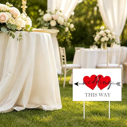 Rngmsi 3PCS Wedding This Way Sign, 17” X 11” Inch Double Sided Wedding Direction Arrow Signs with 6 Metal Stakes for Wed Ceremony and Reception Indoor Outdoor Decor - color: Wedding