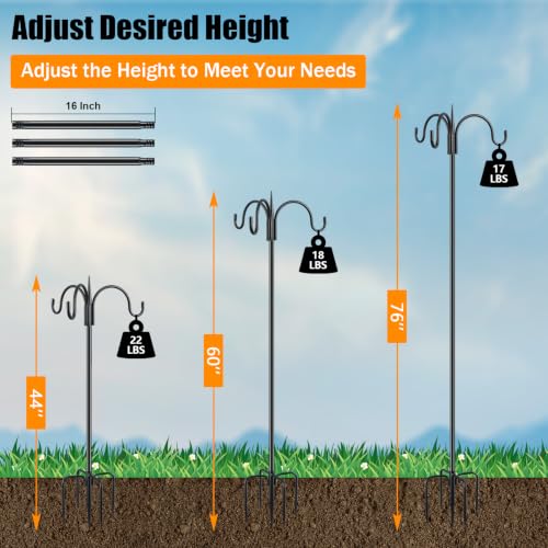 Heavy Duty Shepherds Hook 76" Triple Hooks - Metal 5-Prong Base, Adjustable (44/60/76") - 17lb Capacity Bird Feeder Pole for Hanging Plants, Solar Lanterns, Wind Chimes, 1 Pack - color: 1-Pack, size: 76" Triple Hook