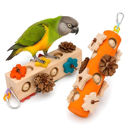 Bird Foraging Toy Parakeet Enrichment Puzzle Parrot Foraging Toys Wooden Blocks with Pine Cones Chew Play for Budgies Cockatiels Conures Quaker Small to Medium Birds