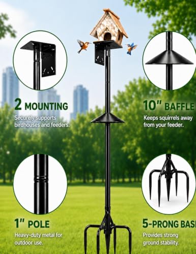 Bird Feeder Pole with Squirrel Baffle, 76 Inch Heavy Duty Bird House Pole Stand, 1-Inch Diameter Outdoor Pole Mount for Bird Houses & Hanging Feeders