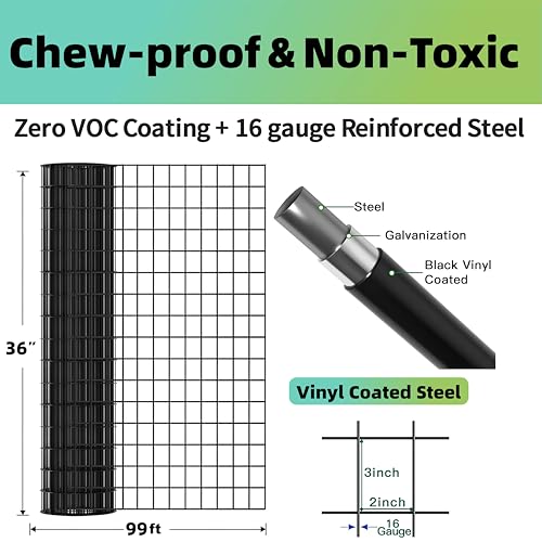 (36 in x 99 ft) Garden PVC Welded Wire Fence, Mesh Size 2 in x 3 in, 16-Gauge Welded Wire Fence, Poultry Protection Animal Fence, Includes Gloves and Pliers - size: 36 inch x 99 ft