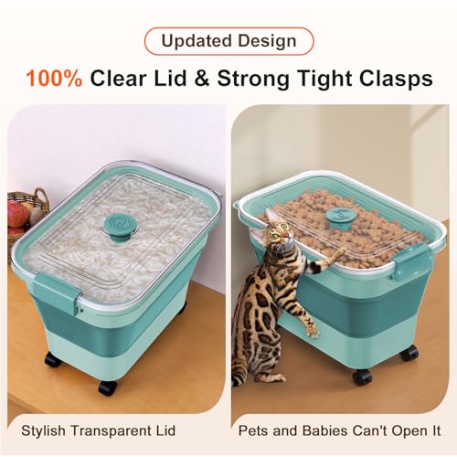 Rice Storage Container, Collapsible Airtight Food Storage Containers 20-30lbs with Clear Lid and Wheels, Rice Dispenser with Scoop for Flour Cereal Pasta Grain, Cat Pet Bird Dog Food Storage Container - size: 15-30 Lbs
