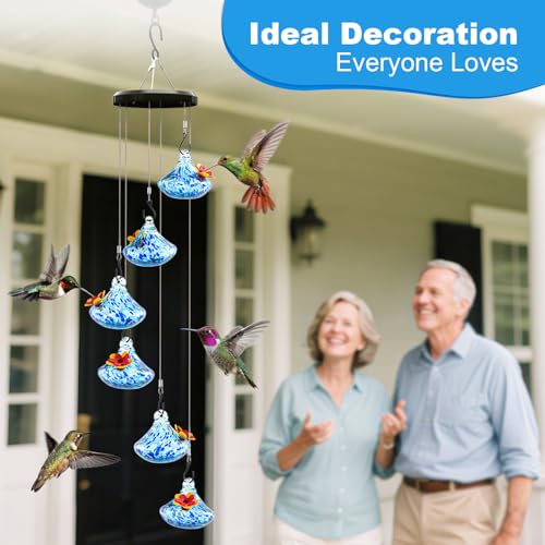 Wind Chime Glass Hummingbird Feeder - 20 Oz Outdoor Hanging Feeder with 6 Ports Attract More Hummingbirds, Leak-Proof Design, Unique Garden Backyard Decor & Ideal Gift, Blue