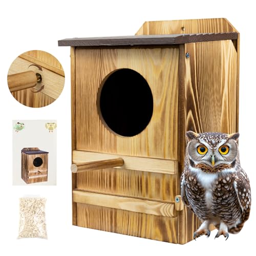 8'' x 13'' Owl House for Outdoor, Screech Owl House, Bird Box Large Handmade Wooden Circular Opening Screech Box for Outside with Mounting Screws and A Bag of Wood Shavings