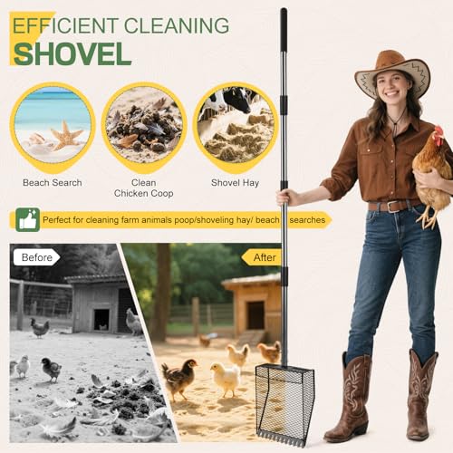 Updated Chicken Poop Scooper and Rake, 2-in-1 Chicken Poop Litter Scoop Sand Rake, Stainless Steel Handle (43–73"), Litter Scooper & Sand Sifting Shovel, Good for Chicken Coops & Farm Animals Scoop