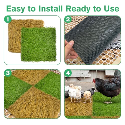 Hamiledyi 6 Pcs Chicken Nesting Pads Artificial Grass Rug Carpet Synthetic Turf Mat 12"x12" Washable Chicken Coop Bedding Laying Garden Lawn Indoor/Outdoor Bedding for Chicken Hen(Green and Brown) - size: 3pcs Green and 3pcs Brown
