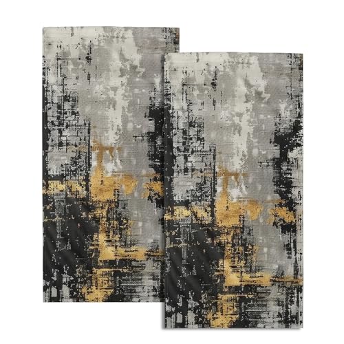 Black Gold Abstract Rust Gray Kitchen Towels Set - 2 Modern Minimalist Painting Bathroom Decorative Fingertip Towels for Farmhouse Cabin - color: Black Gold
