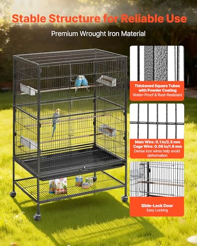 VEVOR Bird Cage, 31.5 x 20.5 x 52 inch, Flat Top, Wrought Iron Bird Flight Cage with Perches, Slide-Out Tray and Plastic Feeders, Casters, for Parrot, Blue Tit, Cockatiel, Canary, and Monk Parakeet - size: 31.5"L x 20.5"W x 52.0"H