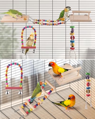 DBNESS 5in1 Bird Parakeet Toys, Detachable Birdie Perches Platform Swing with Climbing Ladder, Parrot Cage Stand Accessories, Wooden Playing Gyms for Conure Cockatiel Lovebird Finch Budgerigar Pigeon