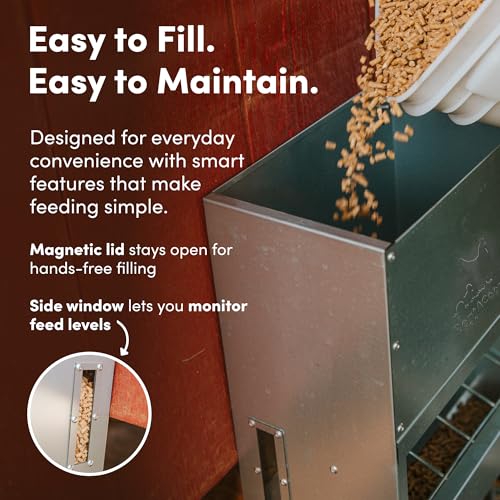 RentACoop 50lb Gravity-Fed Metal Trough Feeder with Lid & Rain Cover - size: 50LB Capacity