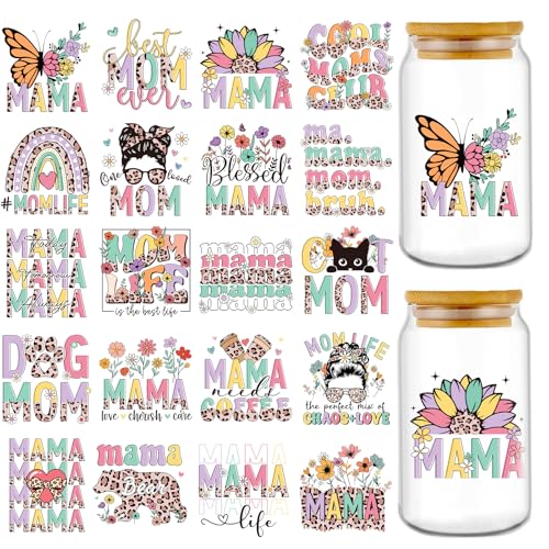 Rngmsi Mom UVDTF Cup Wrap - 20 Sheets Mama UV DTF Cup Wraps for 16 oz Glass, Leopard Print Cat Dog Bear Flower Stickers for Water Botters, Waterproof Rub on Transfer Decals, Mother's Day Gift - style: Mama