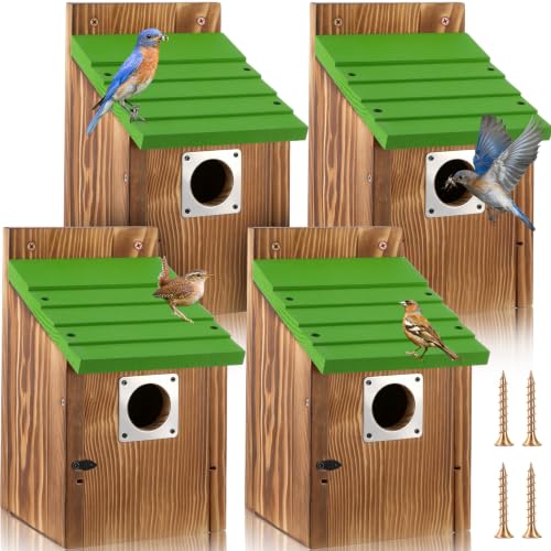 Dreyoo 4 Pack Bluebird Houses for Outside with Metal Predator Guard, 1-1/2" Entrance Hole Wooden Blue Bird Houses for Outdoors, Bluebird Nesting Box (Green Roof, Burnt Wood Body) - color: Green Roof, Burnt Wood Body