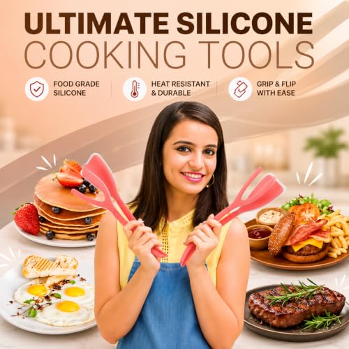 Silicone Egg Flipper Spatula Tongs (Set of 1) – Non-Stick 2-in-1 Grip & Flip Kitchen Tongs for Pancakes, Fish, Eggs, and More – Heat Resistant Cooking Tool (Red) - color: Red