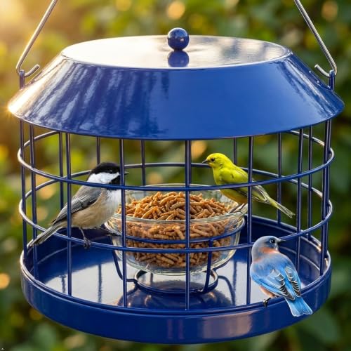 Gbekery Caged Bluebird Feeder for Mealworms with Glass Bowl, Squirrel Proof Bird Feeder for Small Birds Only, Detachable Hook, Large Space, Outdoors Weatherproof, Metal, Blue - style: Blue Glass Bowl