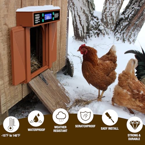 Automatic Chicken Door Easy Program 3 Modes - Manual, Timer and Light Sensor Anti-Pinch Auto Opening and Closing Chicken Coop Door Powered by Battery/DC(Brown)