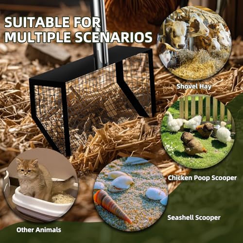 Paulno Chicken Coop Rake and Scoop 2-in-1 Chicken Poop Scooper | 62" Adjustable, Stainless Steel Sifting Shovel, For Sand, Animal Waste, Heavy Duty Dog Pooper Scooper, For Coops & Pets