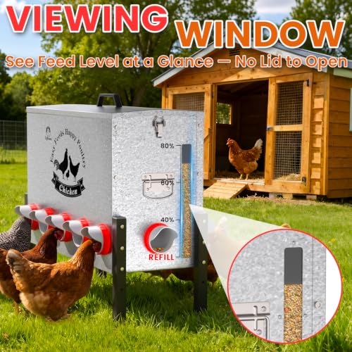 21-Gal Metal Automatic Chicken Feeder with 12 Feeding Ports | 110LB Capacity, Anti-Waste Design, Rust-Proof Alloy Steel, Clear Viewing Window, 3-Level Legs for Outdoor Chicken Coops - size: 21GAL-110LB