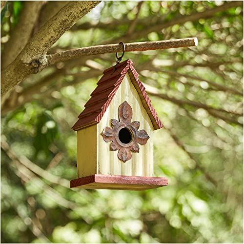 Glitzhome Hanging Bird House for Outdoors, 9" H Hand Painted Wooden Cottage Blue Bird House Garden Birdhouse for Outside for Hummingbird Wren Finch Cardinals Cedar - color: 9"H