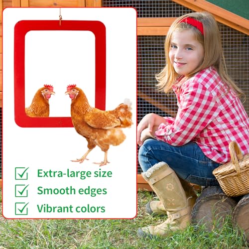 FlidRunest Extra-Large Size Chicken Mirror Toys for Coop, 11.8'' x 9.8'' Hanging Chicken Enrichment Swing Mirror Acrylic, Double-Sided Coop Accessories for Hens Birds Parrots Roosters Red