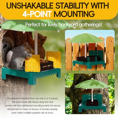 Heavy Duty Metal Squirrel Feeder Picnic Table with Umbrella - Rustproof Corn Cob Holder & Chipmunk Feeder for Tree/Fence, Funny Gift for Squirrel Lovers. (Green) - color: GREEN