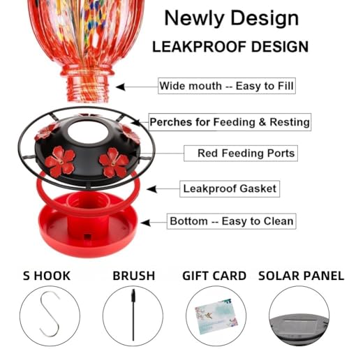 Solar Hummingbird Feeder for Outdoors Hanging Patio Designed 32 Ounces Colorful Hand Blown Glass Hummingbird Feeder 5 Feeding Ports with Perch Never Leak (Red)