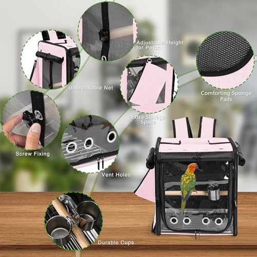 Bird Carrier with Seat Belt for Car Travel, Bird Backpack Carrier with Indestructible Stainless Steel Mesh, Large Bird Carrier Travel Cage, Pink - color: Pink, size: 13.5"L x 10.0"W x 15.5"H