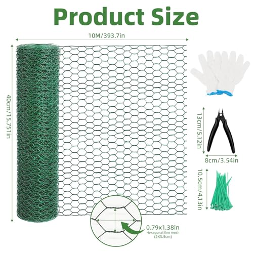 Chicken Wire for Floral Arrangements - Hexagonal Galvanized PVC Coated Poultry Wire Mesh Netting with Gloves, Wire Cutter & Zip Ties for Crafts, Poultry, Gardening Fence (15.7 x 393 lnches) - size: 15.7 x 393 lnches