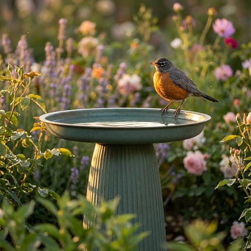 Sunnydaze Modern Bird Bath for Outside, Iron, 23” H, Matte Green | UV & Rust-Resistant Matte Finish, Durable Iron,1 Gal Water Cap, Outdoor Birdbath for Garden, Pedestal Bird Bath with Bowl - color: Matte Green