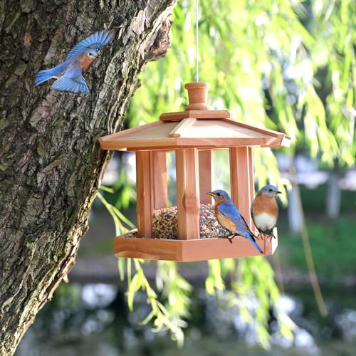 Wooden Bird Feeder for Outdoors Hanging, Red Cedar Hexagon Shaped Large Capacity, Cardinal Birdfeeder for Garden Decoration Yard, Weatherproof and Durable(Large) - size: Large