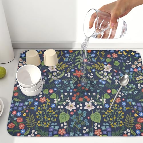 Flower Floral Dish Drying Mat 18x24 inch Microfiber Navy Blue Drying Mats with Hanging Loop Absorbent Green Leaves Dish Drainer Mat Reversible Flowers Drying Pad for Kitchen Counter Sink - color: Colored Flower, size: 24" x 18"