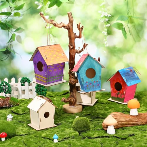DoubleFill 12 Pcs 6.3'' Wooden Bird Houses Kits Bulk for Kids to Build DIY Unfinished Wood Birdhouses to Paint Wood Arts and Crafts Birthday Gifts for Vbs Crafts Class Parties