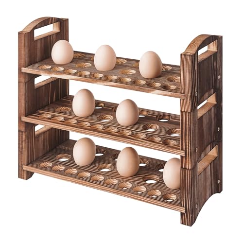 Wooden Egg Holder 3 Layer Fresh Egg Rack Holders Countertop Stackable Quail Egg Sorter Storage Trays Organizer Display Stand Kitchen Rack, Fits Duck, Turkey, Chicken Eggs,up to 36 Eggs, 3 Tier-Brown - size: 3-Tier